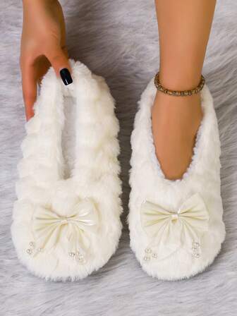 Pantuflas de invierno para mujer para usar en casa, con decoración de lazo, forradas térmicamente, cálidas y silenciosas para uso casual en interiores