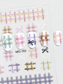 3D French Plaid Nail Stickers, Y2K Checkered Bow Heart Sweet & Kawaii Nail Decals,Brown Beige Textured Checkered Nail Art Decoration,DIY Nail Salon Sticker - Multicolor - View 6