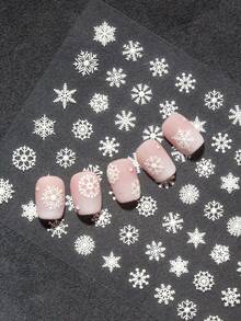 Pegatinas de uñas de Año Nuevo e invierno con diseño de textura en relieve, color blanco simple y puro, con diferentes formas de copos de nieve, adecuadas para DIY personal y crear arte de uñas de temporada invernal - Blanco - Ver 5