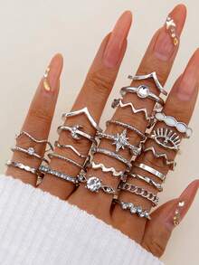 23pcs/30pcs Set Minimalist Chic Alloy Geometric Moon, Wave, Star Rhinestone Rings Jewelry Set, Suitable For Women To Wear In Any Season And Occasion As Gift