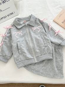 2pcs/Set Young Girl' Fashion Casual Cute Bow Design, Includes: Bow Embroidered Jacket + Ribbon Skirt - Grey - View 3