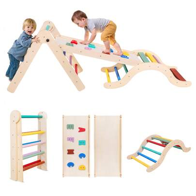 Toddler Climbing Frame 7 in 1 Wooden Triangle Set, Foldable Baby Climbing Toys with Arch, Ramp, Ladder for 1-3 Years, Indoor Climbing Frame for Toddlers Montessori Toys