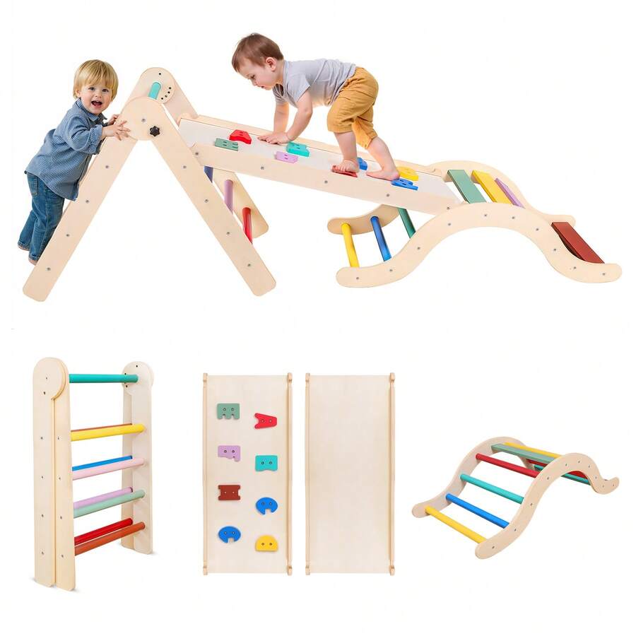 Marco de escalada 7 en 1 de madera triangular para niños pequeños, juguetes de escalada plegables con arco, rampa y escalera para niños de 1 a 3 años, marco de escalada interior para niños pequeños, juguetes Montessori - Multicolor - Ver 1