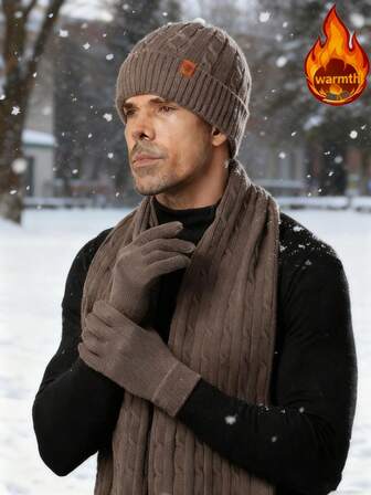 男士冬季三件套针织帽、长围巾和触屏手套，双层加厚内衬，条纹提花图案，人造毛球，雪花装饰，保暖舒适，适合滑雪、旅行、骑行、驾驶、约会等场合，男士礼物，日常穿着。
