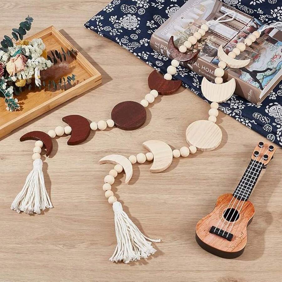 Colgante decorativo de Eid, colgante de cuentas de madera en forma de luna de Eid, colgante de pared de cuentas de madera con borlas en forma de fase lunar, decoración de pared de estilo bohemio con cuentas de madera, adecuado para decoración de fiestas, colgante de estilo árabe, decoración de festival islámico, color marrón y madera - Multicolor - Ver 1