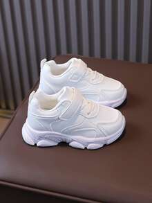 1 Pair Kids Casual Sports Shoes, Toddler Walking Shoes, Solid Color, Odor-Resistant, Breathable PU Leather, Patchwork, Low-Top, Hook And Loop, Street, Campus, Elementary School Boys & Girls, Sneakers, Lightweight, Outdoor Running Shoes - White - View 5