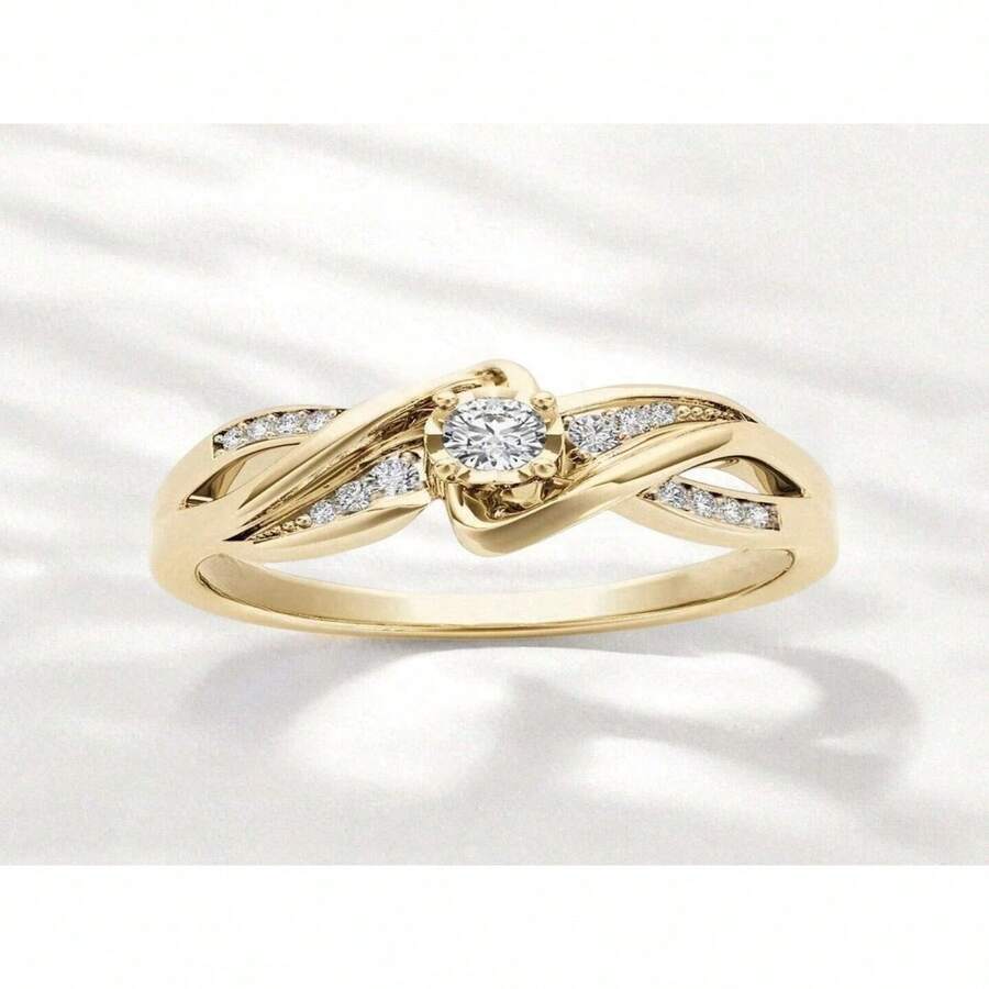 Anel de noivado com zircônia cúbica brilhante banhado a ouro 18k, anel de compromisso elegante, joia de luxo para presente feminino, perfeito para festas e festivais - Ouro - Ver 1