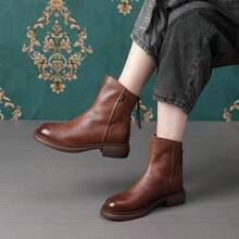 Botas  de tacón bajo vintage con forro de lana, punta redonda, cómodas, impermeables, cortas, estilo coreano nuevo de otoño e invierno 2024, botas de cuero antideslizantes - Forro de algodón marrón - Ver 8
