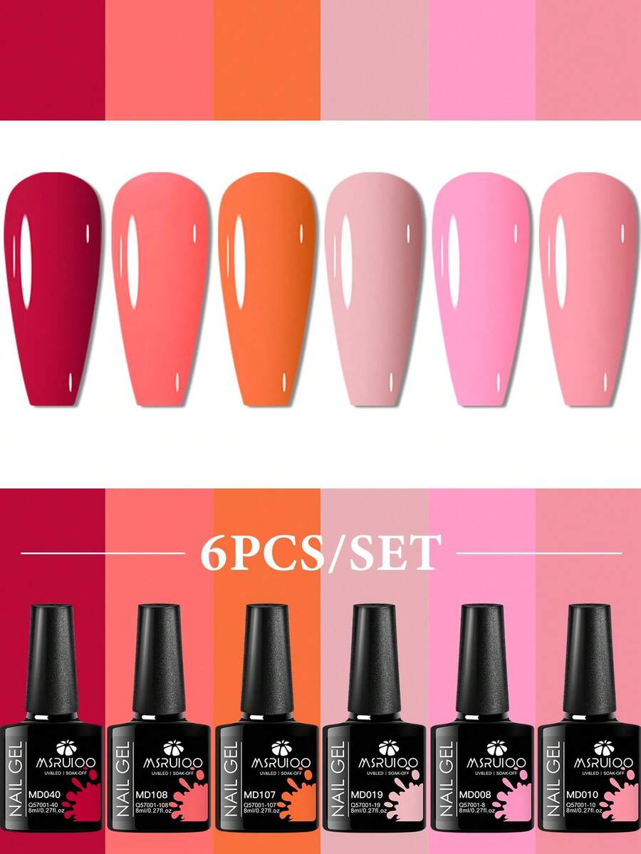 6支装 MSRUIOO 8ml 粉色凝胶指甲油套装，半永久凝胶指甲油全套，多功能美甲套装，DIY 家庭美甲沙龙，女士礼物 - 彩色 - 查看 1