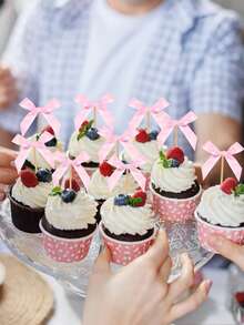 20支粉色蝴蝶结鸡尾酒搅拌棒，多功能一次性水果签，适用于派对蛋糕装饰、纸杯蛋糕装饰、婚礼、生日、婴儿派对、订婚、情人节派对装饰