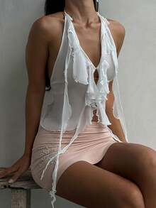 Onicee Damen Sommer Neckholder Rüschen Saum einfarbiges Strandurlaub Top, Weiß