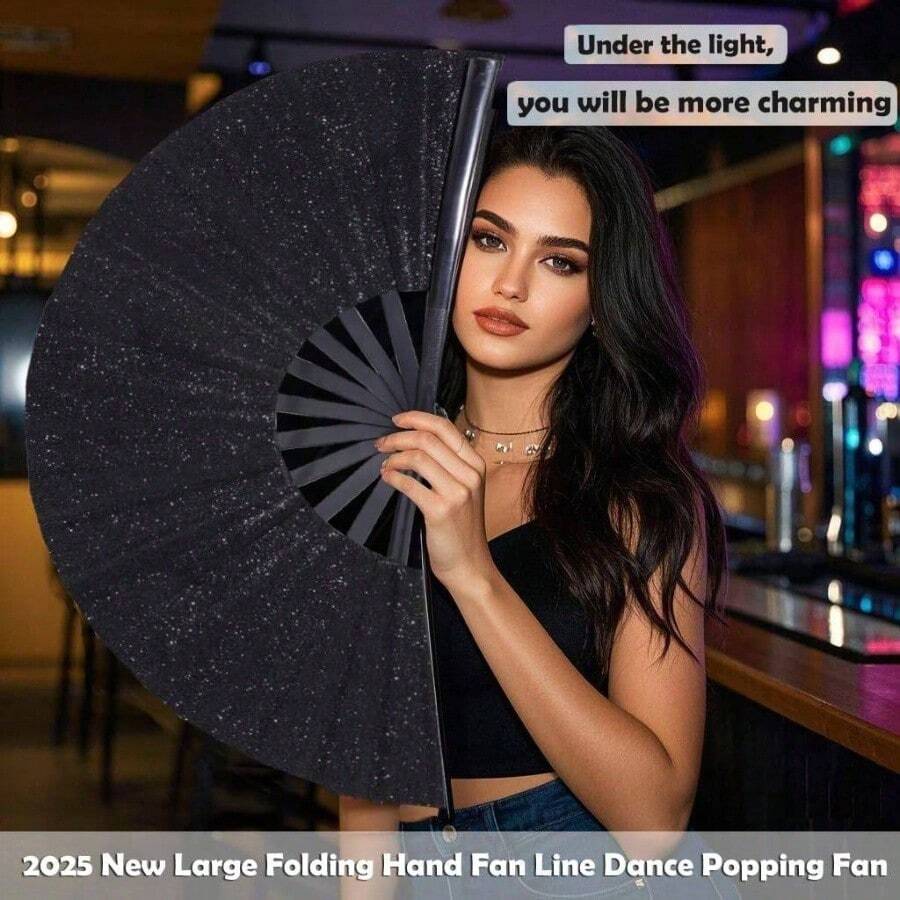 13-Inch Large Folding Fan, Shining - Hand Fan Pops Out Fan Strings, Dance To Strike Fan Boots, Dance On The Ground, Party, Outdoors, Decoration Shining - 黑色 - 查看 1