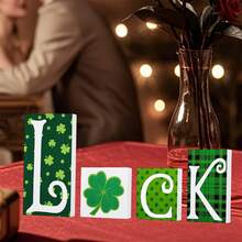 4 Pcs Valentine's Day Irish Festival Ornaments Romantic Wooden Letter Shamrock Decorated Rustic Tabletop Decoration For Home Table - Green - View 1