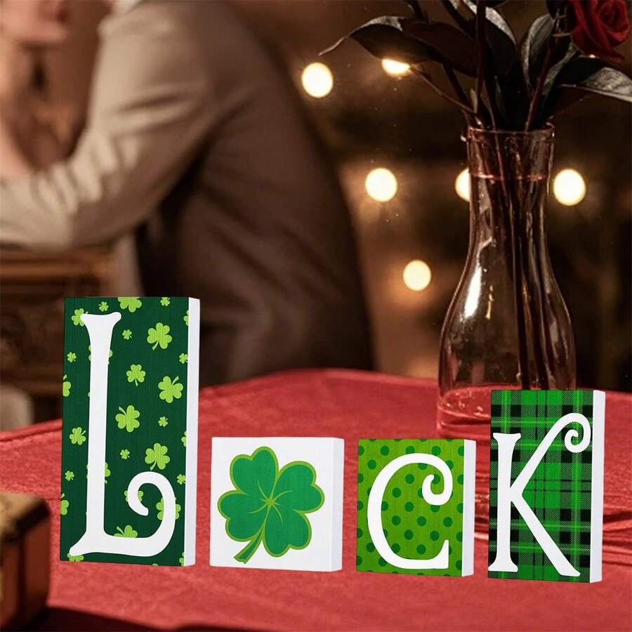 4 Pcs Valentine's Day Irish Festival Ornaments Romantic Wooden Letter Shamrock Decorated Rustic Tabletop Decoration For Home Table - Green - View 1
