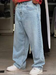 棉质直筒牛仔裤，斜口袋洗水牛仔裤，百搭宽腿洗水牛仔裤，情侣休闲宽松直筒牛仔裤