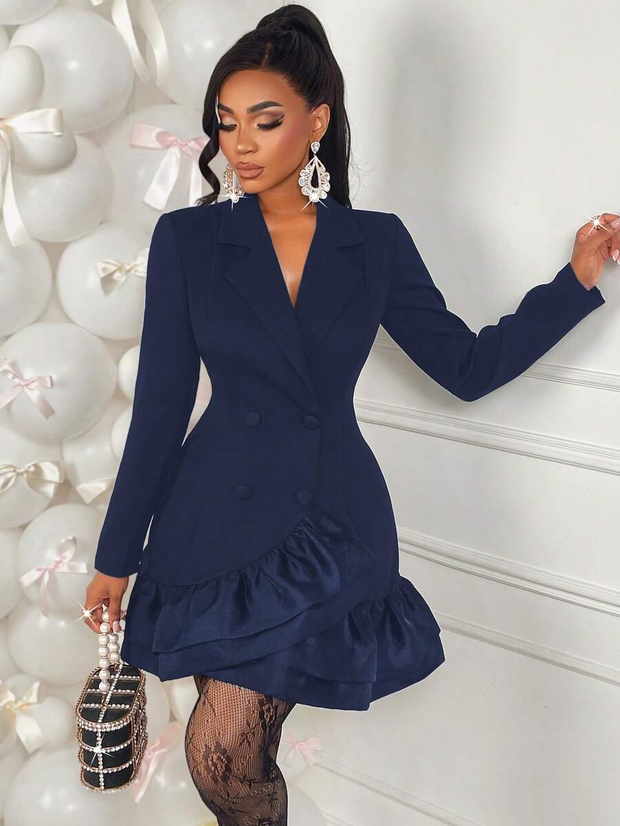 AIJ Amarilo Women's Elegant Party Cocktail Dress, Sexy Blazer Collar Long Sleeve Waist Cinched Layered Solid Color Mini Dress, Autumn/Winter Spring - Navy Blue - View 1