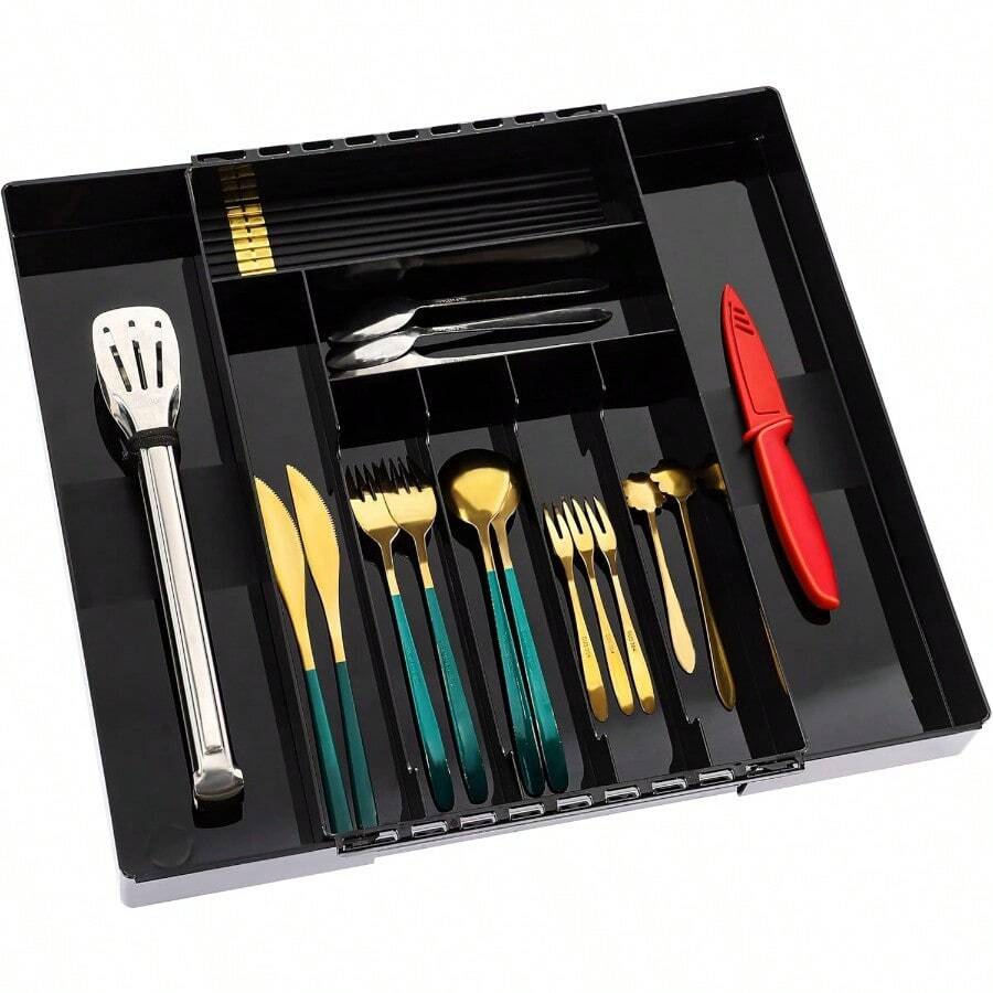 WSXC Kitchen Drawer Organizer For Cutlery And UtensilsAdjustable Silverware Drawer Organizer Tray Kitchen Storage Divider For Spatula Tools Gadgets Forks Knives Spoons And Chopsticks Black-L - 黑色 - 查看 1