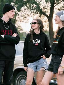 1pc Independence Day Unisex Hoodie USA Flag Print Black Hoodie, Hoodies For Men Lightweight Polyester Material, Simple Crossprint Drawstring Hoodie, Machine Washable, For Spring/Summer/Fall, Independence Day, Labor Day, Veterans Day - 黑色 - 查看 7