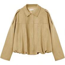 Womens Faux Suede Bomber Jackets Oversized Cropped Zip Up Lapel Coats Fall 2025 Casual Outerwears - Màu Khaki - Xem 6