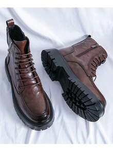 Men's Genuine Leather Round Toe Lace Up Oxford Shoes Side Zipper Platform Combat Boots With Lug Sole Comfortable Ankle Chukka Boots For Fall Winter Outdoor Military Casual Business Work - màu nâu - Xem 8