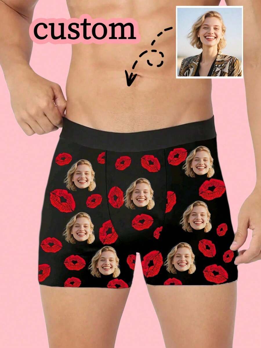 Personalisierte Herren-Boxershorts mit Foto und auffälligen roten Lippen auf tiefem Marineblau, eleganter maskuliner Stil, hochwertige individuelle Unterwäsche für den Freund, personalisiertes Geschenk - Verschiedenfarbig - Übersicht 1