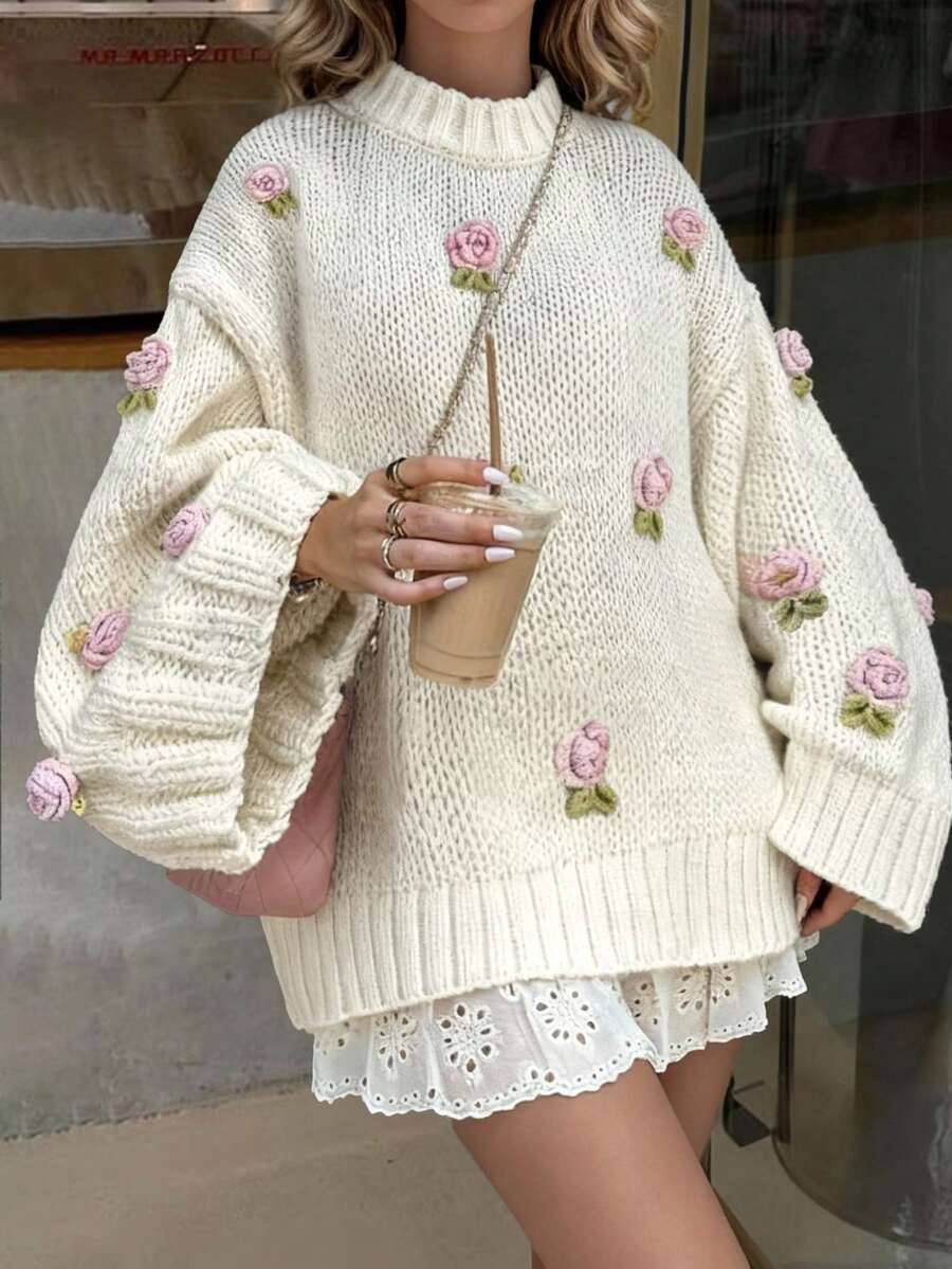 Just Masa Damen Winter Neue Lässige Weiße Locker Bestickte Blumen Alltagskleidung Süßer Rundhals Langarm Strickpullover, Weiß - Weiss - Übersicht 1