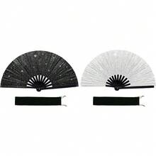 2 PCS Large Glitter Rave Fan Folding Hand Fans For Line Dancing Portable Handheld Clack Fan For Festival EDM Party Music Outfit Accessories (Glitter Black, White) - mặc định - Xem 9