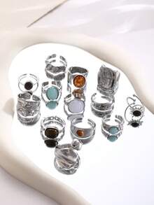 13件套时尚简约复古硬币戒指套装，搭配彩色仿宝石、仿虎眼石，不对称设计，适合女性佩戴，可用于度假、派对、婚礼、生日、节日、日常佩戴（不含包装盒）。 - 銀色 - 查看 8