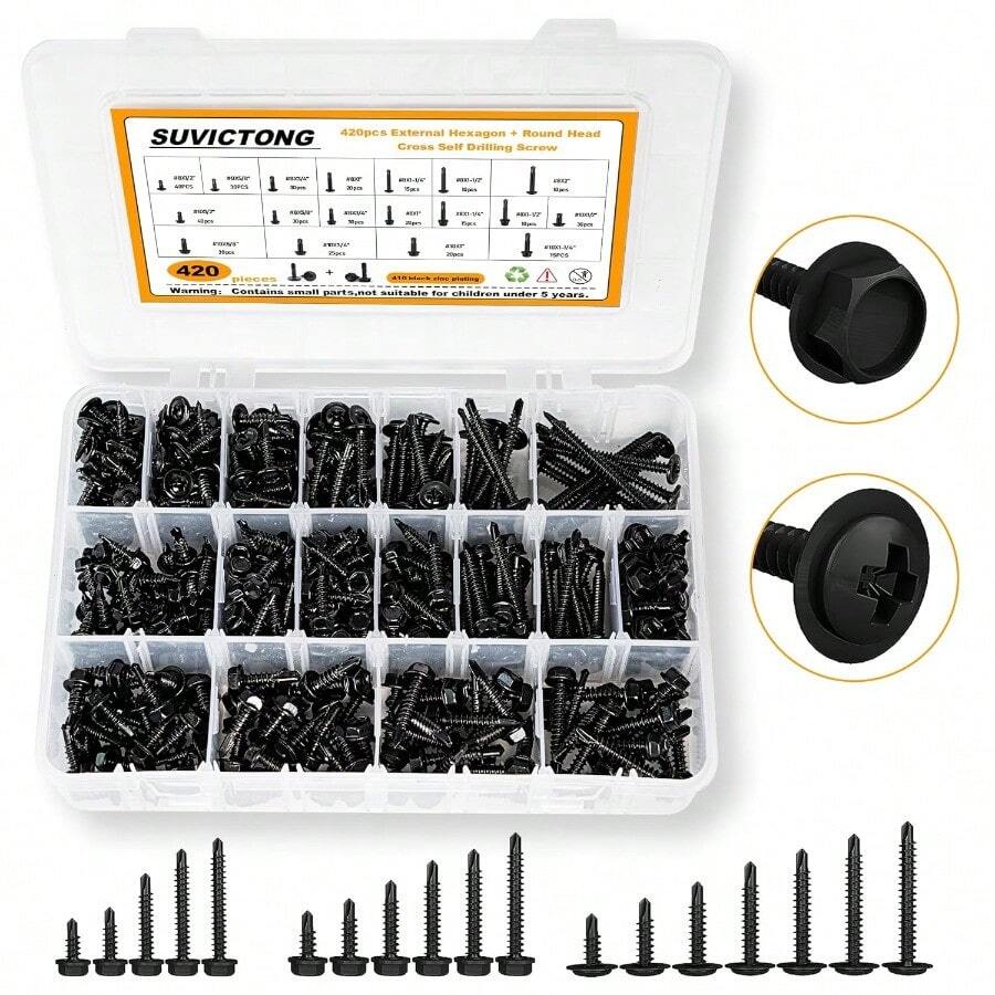 AWYY420Pcs Self Tapping Screws For Metal 410 Stainless Steel Self Drilling Screws #8#10 Modified Truss Head And Hex Washer Head Galvanized Black Sheet Metal Screws Assortment Kit For Fixing - 黑色自攻螺絲套裝 - 查看 1