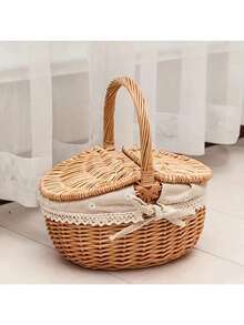 Handwoven Willow Picnic Basket With Handle And Double Lids, Suitable For Storing Food, Fruits, Holidays, Camping, Shopping, Home Decor. Made Of Pure Natural Handwoven Willow, Slight Color Difference May Exist Due To Growth Factors, But Does Not Affect Aesthetics And Usability. Please Purchase With Confidence. - Multicolor - View 2
