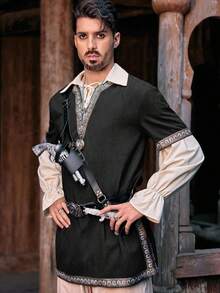 Men's Scottish Mercenary Costume Tunic Medieval Knight Warrior Style LARP Renaissance Halloween Top - 黑色 - 查看 1