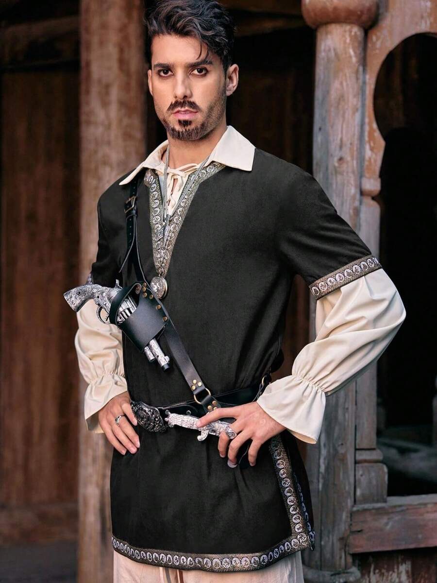 Men's Scottish Mercenary Costume Tunic Medieval Knight Warrior Style LARP Renaissance Halloween Top - 黑色 - 查看 1