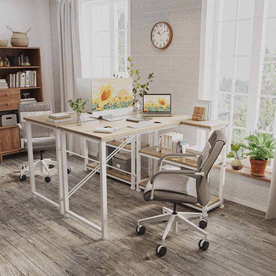 White Height Adjustable Desk 160 X 75 Cm Electrically Adjustable L-Shaped Desk With Memory Control, Ergonomic Game Table With Cup Holder, Hook. - 米色 - 查看 1