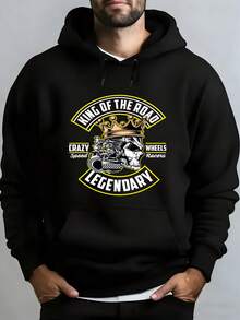 Men's Hooded Sweatshirt, Men's Fashion Black Hoodie With Skull And Crown Print King Of The Road Legendary Crazy Speed Wheels Racers For Daily Use And Social Occasions Winter Spring, Christmas Outfit Ideas, Perfect For Outdoor Activities, Parties, And The Best Gift For Friends. - 黑色 - 查看 1