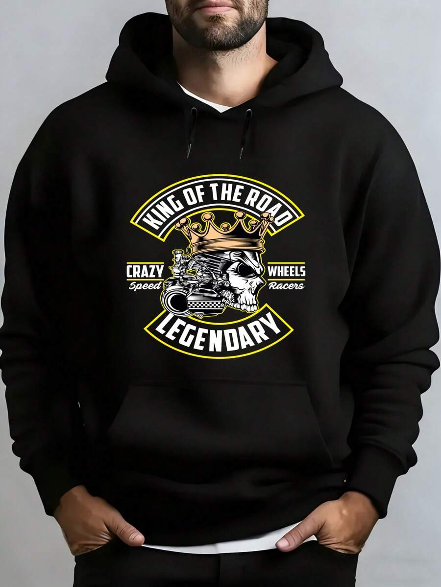Men's Hooded Sweatshirt, Men's Fashion Black Hoodie With Skull And Crown Print King Of The Road Legendary Crazy Speed Wheels Racers For Daily Use And Social Occasions Winter Spring, Christmas Outfit Ideas, Perfect For Outdoor Activities, Parties, And The Best Gift For Friends. - 黑色 - 查看 1