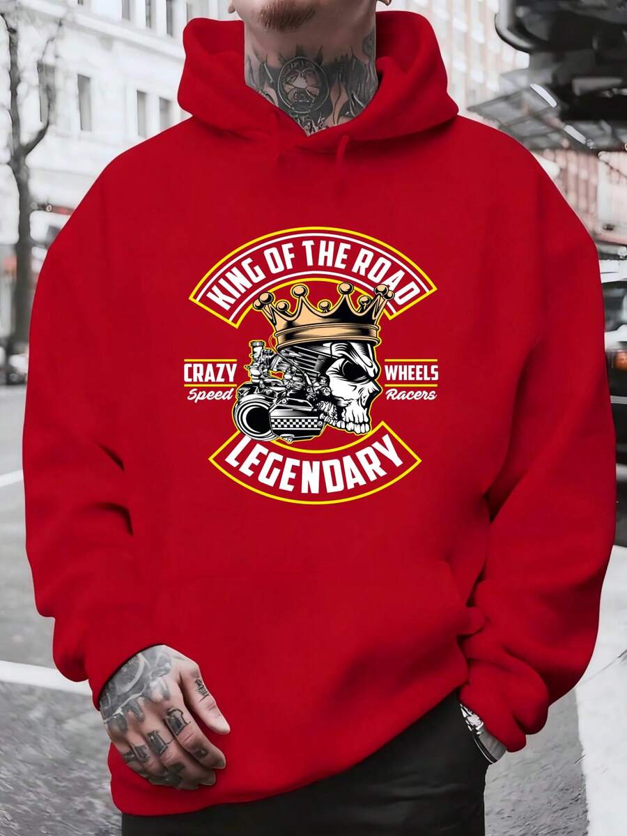Men's Hooded Sweatshirt, Men's Fashion Black Hoodie With Skull And Crown Print King Of The Road Legendary Crazy Speed Wheels Racers For Daily Use And Social Occasions Winter Spring, Christmas Outfit Ideas, Perfect For Outdoor Activities, Parties, And The Best Gift For Friends. - 紅色 - 查看 1