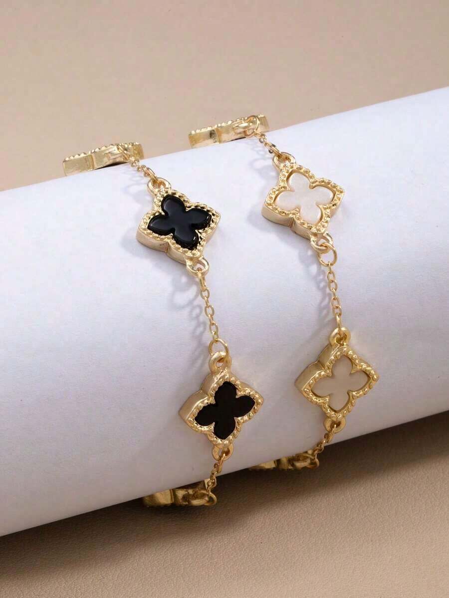 2pcs/Set Classic Black & White Four-Leaf Clover Design Bracelet Set - Một kích cỡ - Vòng tay đen trắng - Xem 1