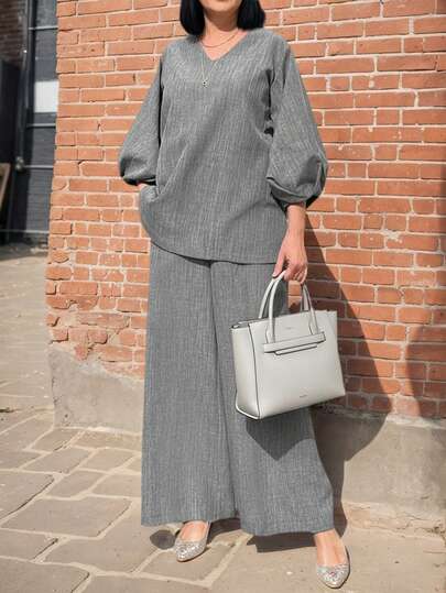 Plus Size Women's 2-Piece Set, Winter Outfit, V-Neck Elegant Solid Color Long Sleeve Top + Wide Leg Pants, Ladies Suit, New Year Apparel