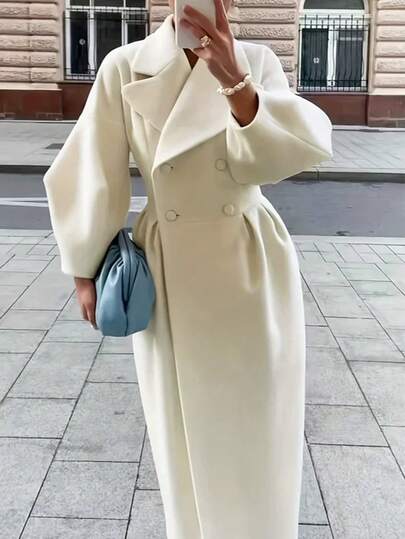 Áo khoác dài nữ thanh lịch màu kem, tay phồng, thắt eo, thích hợp cho mùa thu/đông - Chất liệu mềm mại, ấm áp, thiết kế ôm sát, chống nhăn, phù hợp cho công sở, các buổi họp mặt ngày lễ và đi chơi hàng ngày.