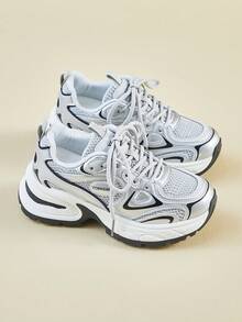 Women's Chunky Sneakers, New Versatile Casual Comfortable Breathable Running Fitness Shoes - Silver - View 3