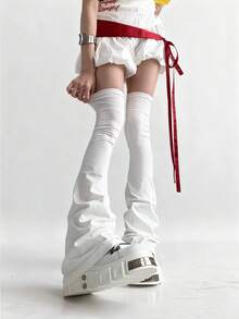 1 Pair Subculture Harajuku Gothic Style Thigh High Leg Warmers, Slimming Black/White Over-The-Knee Leg Warmers With Fashionable Lace-Up, Asymmetrical Ruffle, Flared Hem, Suitable For Y2K, Streetwear, Rockstar, And Unique Personal Style - Multicolor - View 9