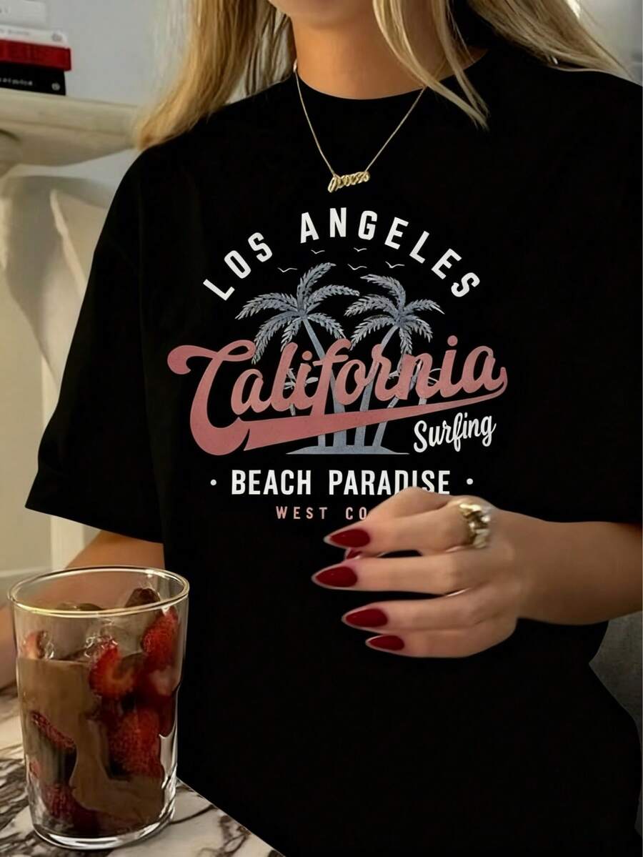 Nueva camiseta de mujer 2025 otoño-invierno, de manga corta con cuello redondo, 100% algodón, holgada, de estilo casual y versátil con estampado moderno, ideal como prenda básica.