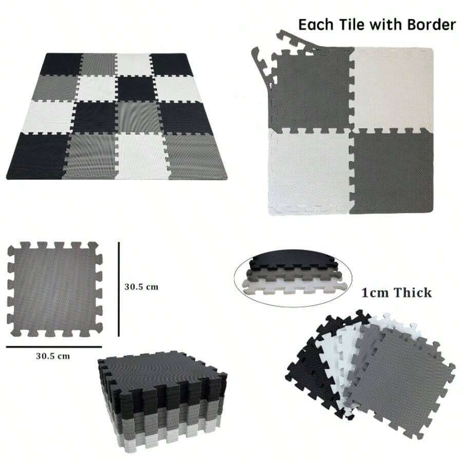 16 alfombrillas de espuma con bordes, azulejos entrelazados, tapete de espuma para nios, tapetes de juego de rompecabezas, tapetes de gimnasio para ejercicio, color negro y blanco y gris - negro - gris - blanco - Ver 1
