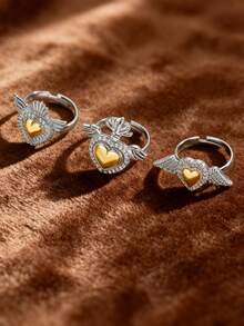 3pcs ,Fashion Creative Unique Copper Rhinestone-Embedded Wing Heart Crown ,Rings For Women, Adjustable Open Ring Set, Ideal For Daily Casual Valentine's Day, Vacation, Festival Wear, Gifts For Women, Jewelry Women, Best Friend Gifts Women - Gold and Silver - View 11