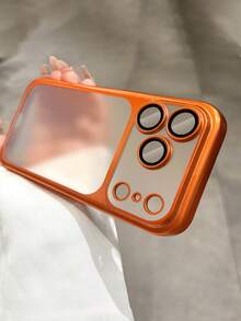 1pc Ultra-Thin Ice-Feel Frosted Electroplated Camera Protection Case, Compatible With IPhone 17, 17 Air, 17 Pro, 17 Pro Max, 16, 16 Plus, 16 Pro, 16 Pro Max, 15/14/13/12/11, Transparent With Lens Film, Shock-Proof And Drop-Resistant Full Coverage Transparent Case - Orange - View 1