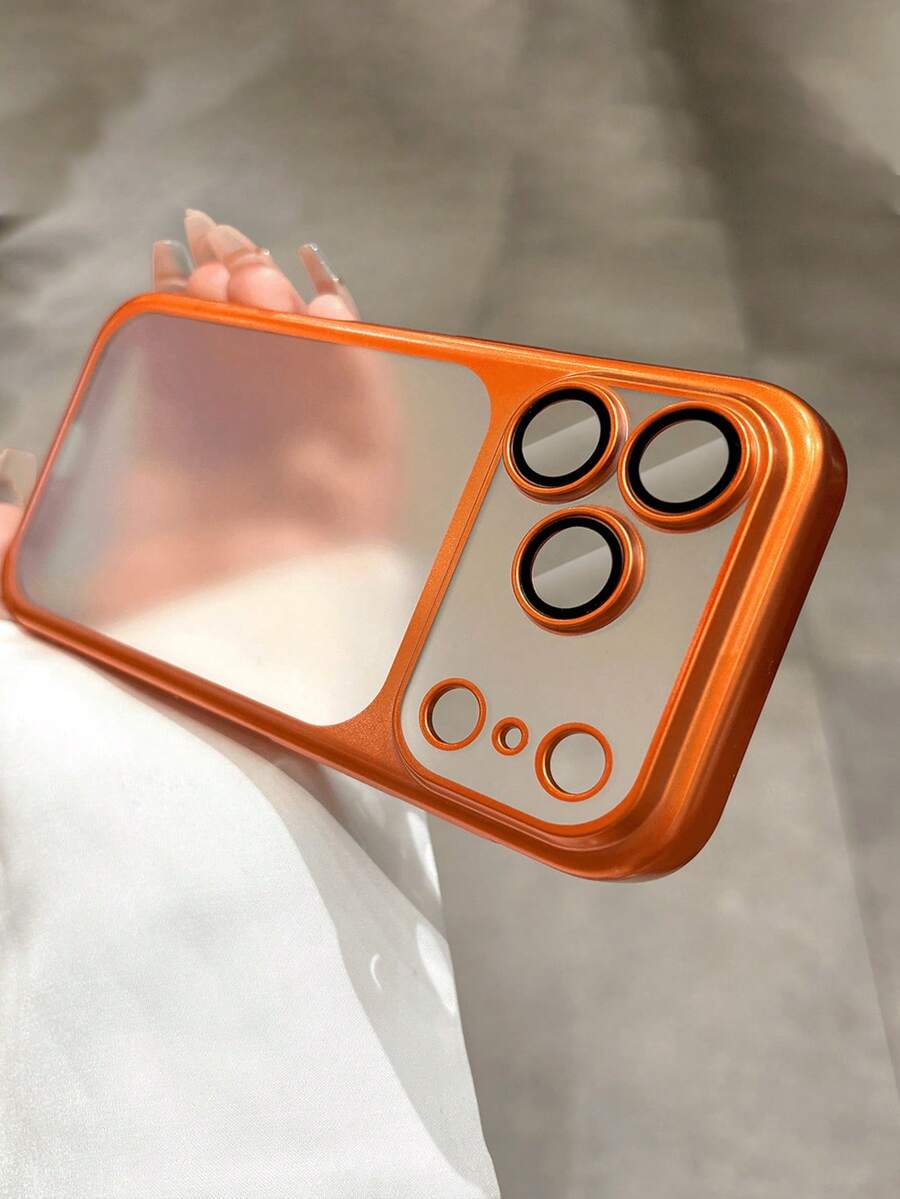1pc Ultra-Thin Ice-Feel Frosted Electroplated Camera Protection Case, Compatible With IPhone 17, 17 Air, 17 Pro, 17 Pro Max, 16, 16 Plus, 16 Pro, 16 Pro Max, 15/14/13/12/11, Transparent With Lens Film, Shock-Proof And Drop-Resistant Full Coverage Transparent Case - Orange - View 1