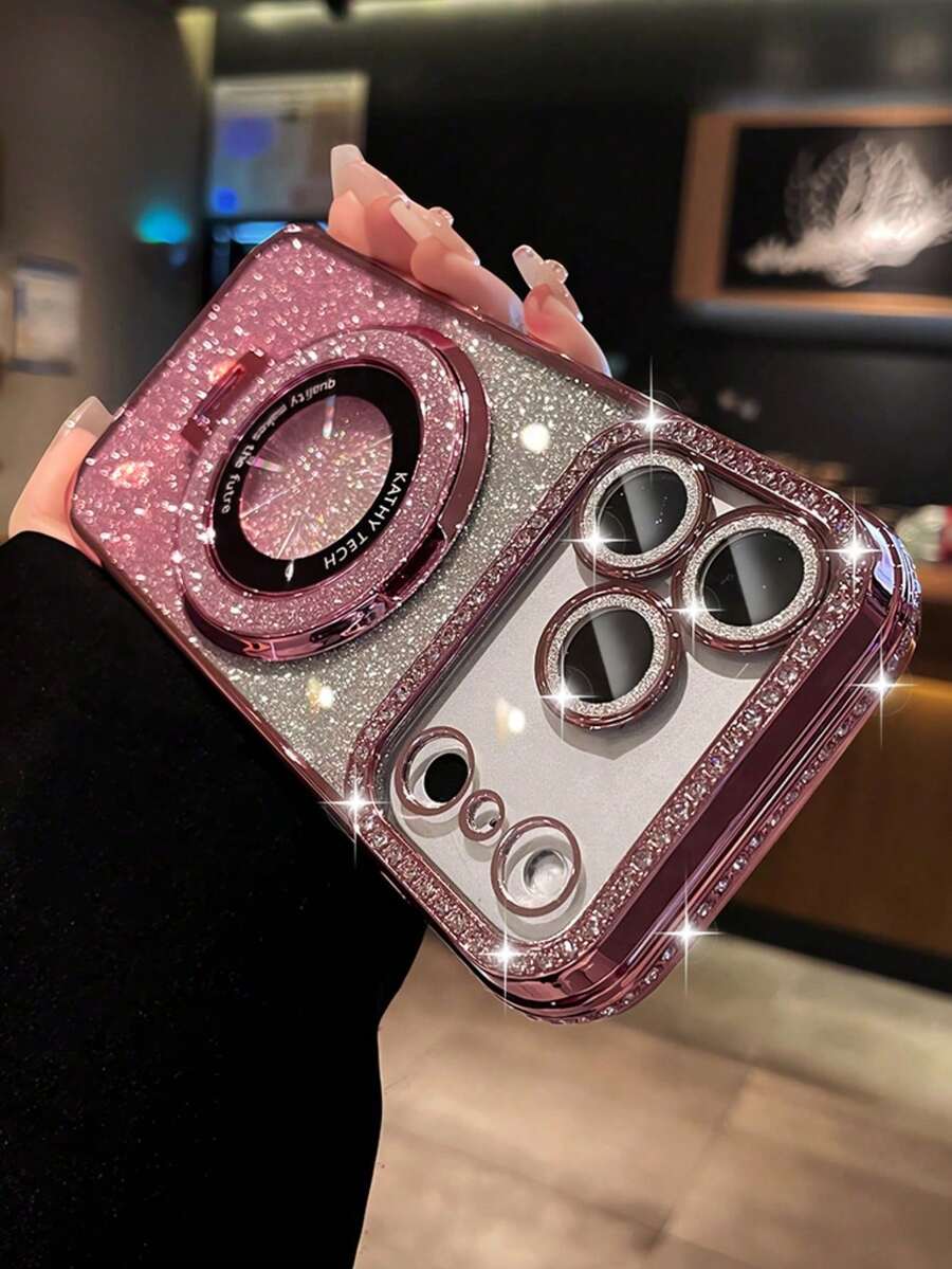 奢华亮片相机水钻指环支架渐变闪光电镀手机壳，兼容 17 Pro Max Air 16 15 14 13 12 Pro Max Mini，适合女孩和女士，橙色、银色、粉色可选。