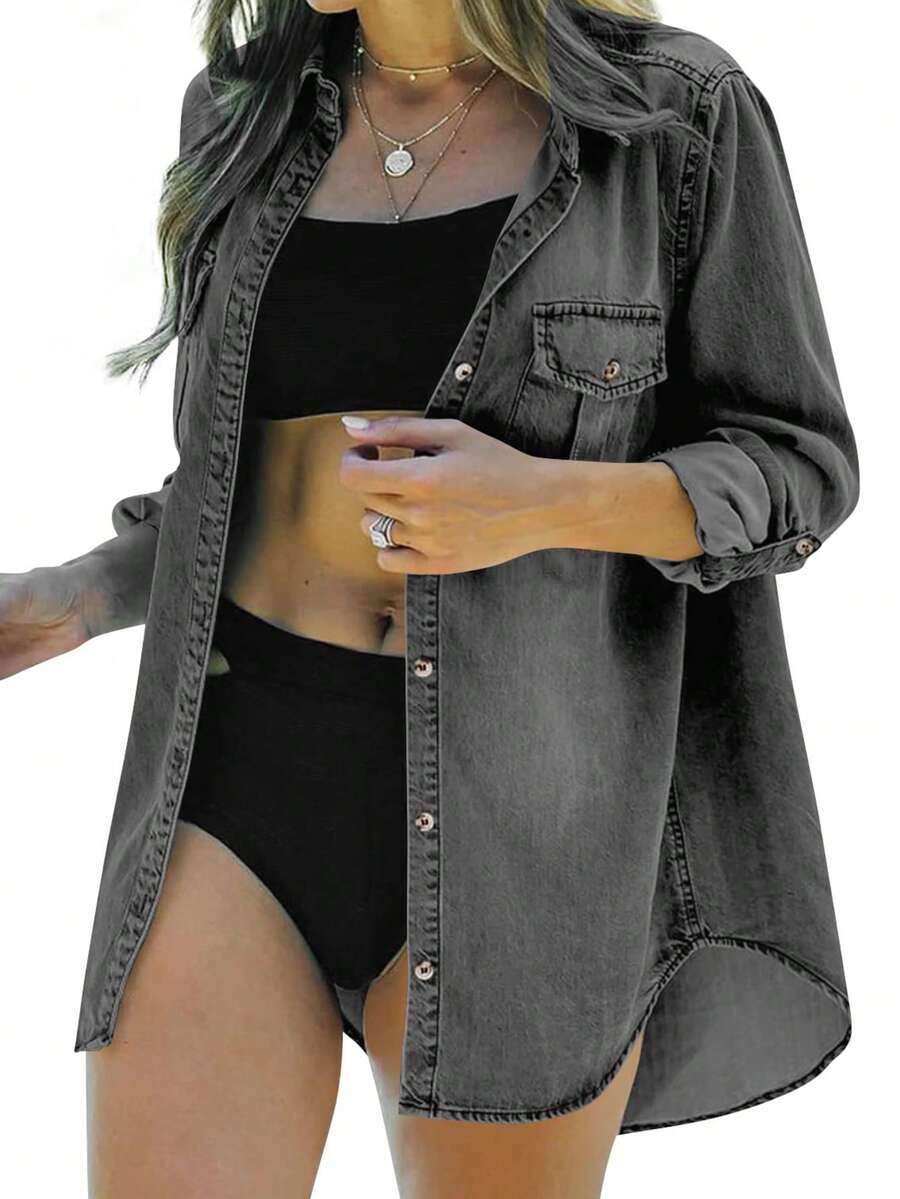 Womens Button Down Denim Shirt Long Sleeve Roll Up Casual Oversized Jean Shirt Jacket Distressed Tunic Tops - 黑色 - 查看 1