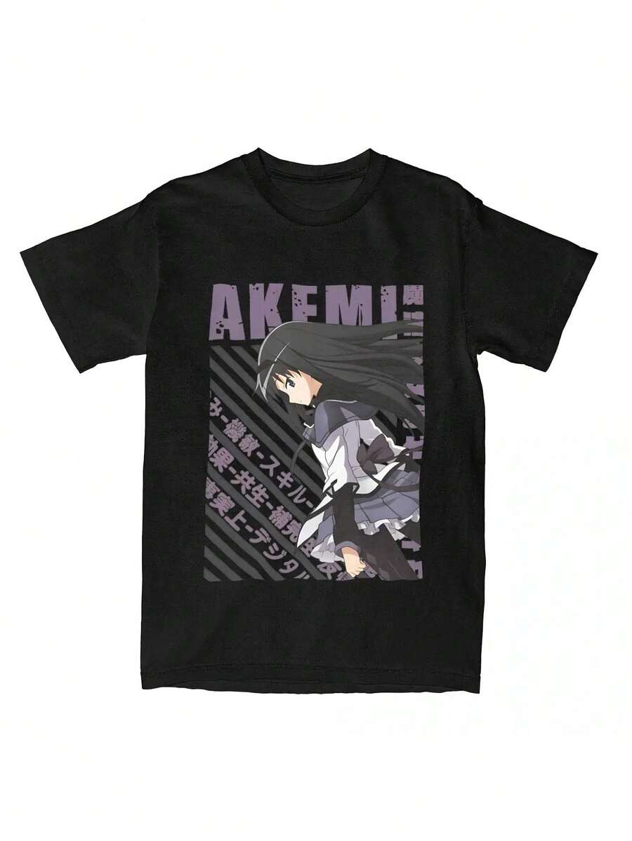 Men'S & Women'S Madoka Magica Homura Akemi Anime Graphic T-Shirt - Casual Short Sleeve Tee With Vibrant Japanese Manga Print, All-Season Comfort, Machine Washable Unisex Adult Apparel For Anime Fans & Conventions - Madoka Magica Collectible Clo - màu đen - Xem 1