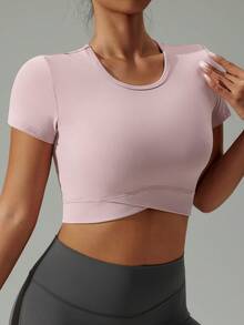 MASKERT Women's Crew Neck Short Sleeve Sports Top, Cross Hem Cropped & Slim-Fitting, Skin-Friendly & Comfortable, T-Shirt For Yoga And Fitness - Mauve Purple - View 4